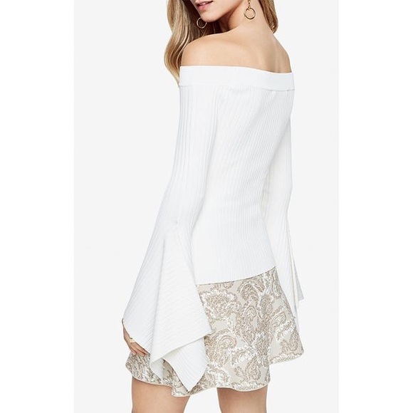 BCBG MaxAzria Gardenia Cream Stevie Ribbed Off The Shoulder Bell Sleeve Sweater - Picture 2 of 13